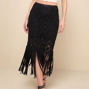 Enviable Summer Black Crochet Fringe Midi Skirt